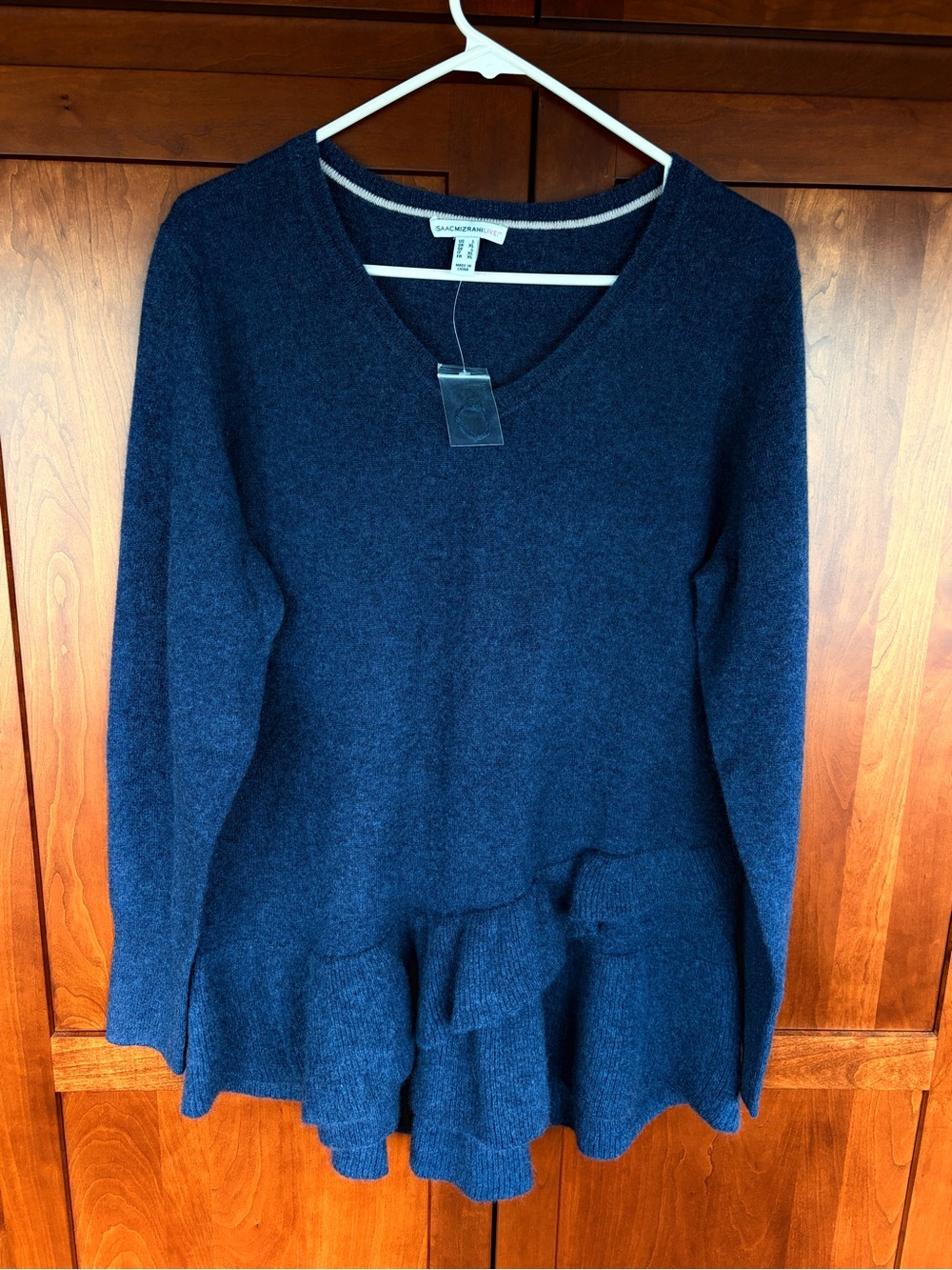 NWOT Isaac Mizrahi 2-Ply Cashmere Ruffle Peplum V-Neck Sweater HEATHER BLUE SzXL